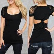 Sexy Black Cut Out Open Back Slashed Destroyed Ripped Short Sleeve Shirt Top
